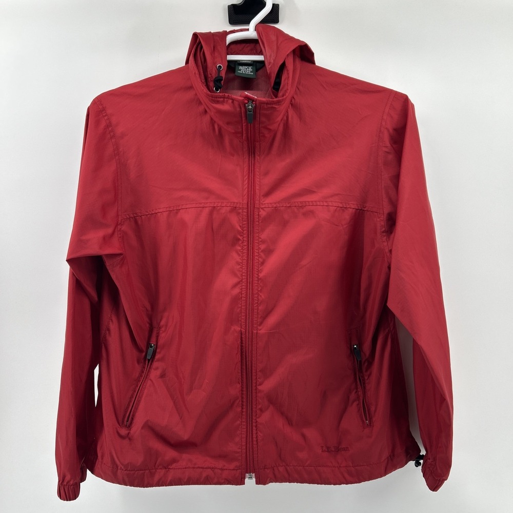 L.L.Bean Raincoat Jacket Hood Women's Medium Red Windbreaker Athleisure Casual
